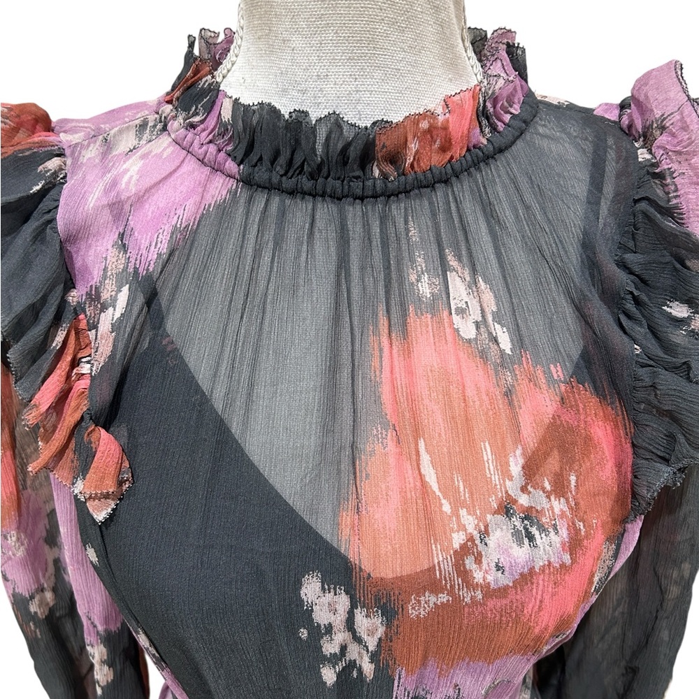 NWT unsubscribed Floral Long Sleeve sheer floral Dress tie belt ruffle black  8 - Picture 4 of 13